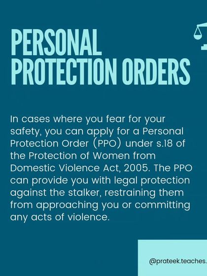 A Personal Protection Order, or PPO, is a legal tool to ensure your safety from a stalker. It provides legal protection against violence and harassment.