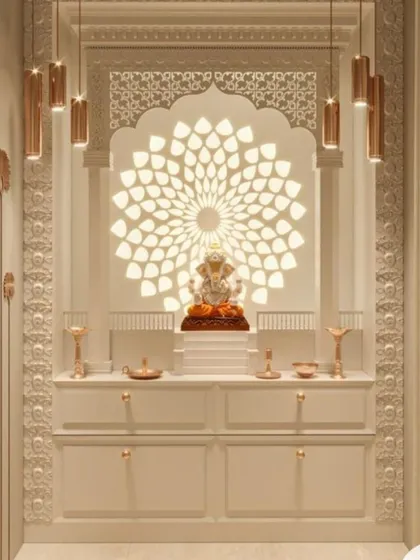 An exquisite home mandir crafted from white material, featuring a backlit Ganesha against a lotus-petal-inspired backdrop. This design showcases our ability to blend spiritual motifs with contemporary aesthetics, creating a serene and luxurious sacred space.