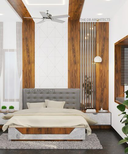 A duplicate of ID 49, this image provides another angle of the master bedroom concept. It highlights the balance between different textures, from the soft headboard to the wooden panels and the sleek, modern side tables.