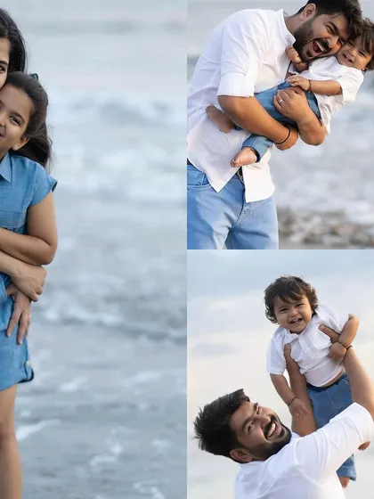 A collage capturing the joy of a family at the beach, with dad and the kids laughing and playing in the surf.
