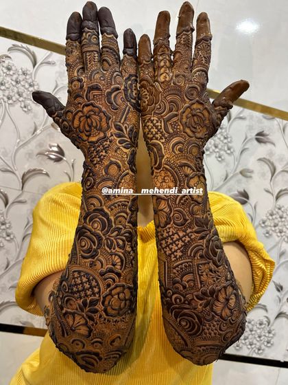 A full bridal design with a mix of bold, dark elements and fine, detailed line work for a stunning contrast.