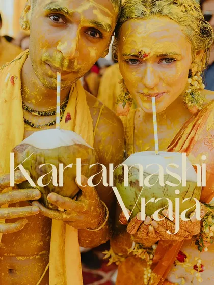 The Haldi ceremony is full of joy, and this candid shot of the couple cooling off with coconut water in Jaipur shows their playful connection. It’s these unscripted moments that make the best memories.