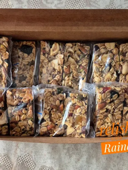 A box of individually packed granola bars. I use zip-lock bags so they are easy to carry while travelling, ensuring you always have a healthy snack option.