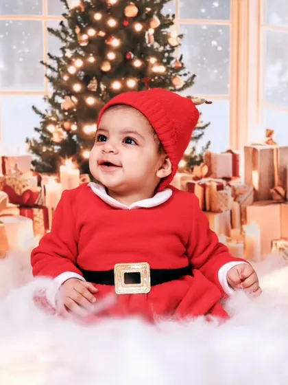 A happy baby Santa sitting in a pile of soft "snow" in our festive studio. The warm lighting creates a cozy holiday feel.