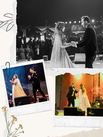 A collage of a beautiful couple's performance on a grand stage at Raffles Udaipur. We ensure every moment is picture perfect.