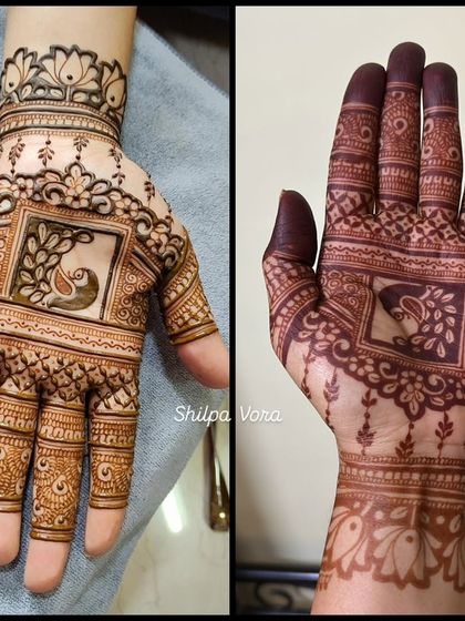 A before-and-after of a peacock design, showing the fresh paste and the resulting dark stain.