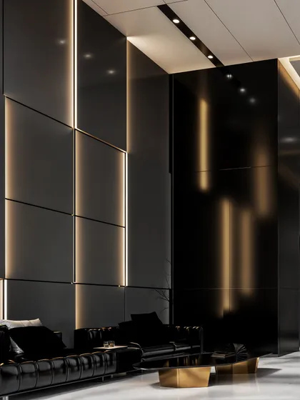 Another shot of the dramatic black seating area, emphasizing the verticality of the space and the sleek design.
