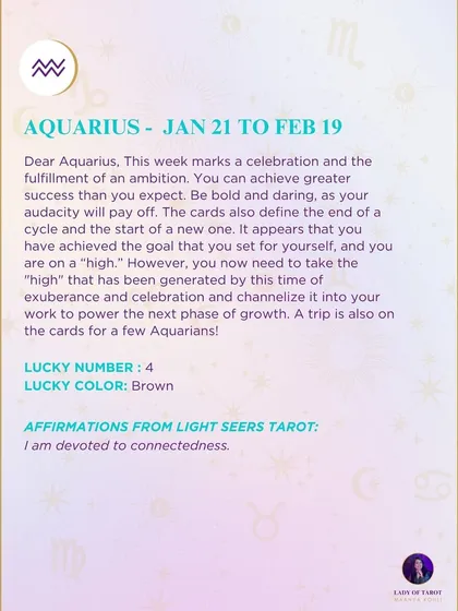 A celebratory weekly tarot reading for Aquarius. This week marks the end of a cycle and the start of a new one, with success and the fulfillment of an ambition.