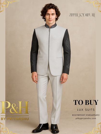 The full view of the light grey zipper Jodhpuri, demonstrating its sharp, tailored fit.