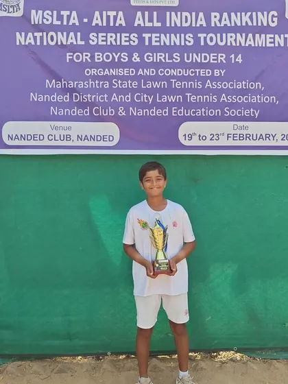 Aarav Chhallani standing proud after winning the U-14 National Series Tournament in Nanded, Maharashtra. A singles victory at a national series is a significant career milestone.