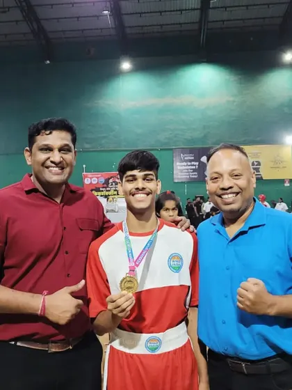 Our champion Alok Brid celebrates his gold medal win at the 2024 Maharashtra Junior State Championships with WAKO President Nilesh Shelar and our head coach Umesh Murkar.