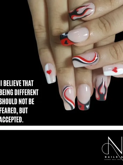 A bold and edgy design with a mix of styles. This set includes abstract lines, hearts, and flame details in a red, white, and black color scheme.