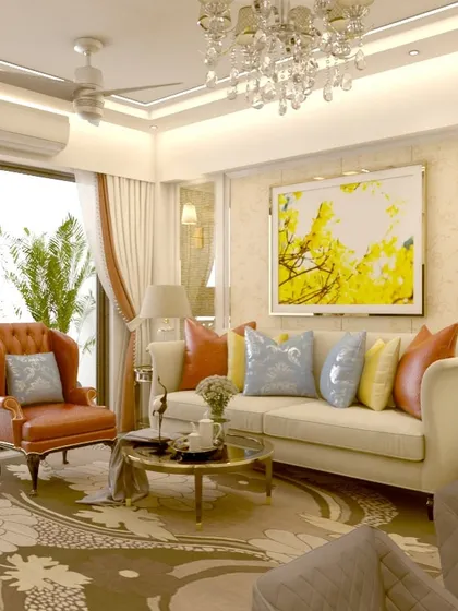 Before starting any project, I create detailed 3D designs like this one. This allows you to visualize the final outcome, from the chandelier to the color palette, ensuring the design perfectly matches your vision for a luxurious living space.