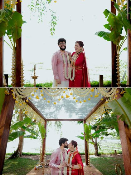 A collage showing the couple at their beautiful outdoor mandap, including a romantic kiss that seals their vows.