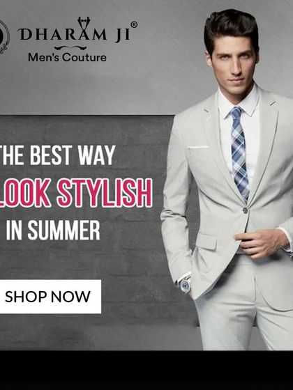 A graphic advertising a light grey summer suit. I use breathable, lightweight fabrics to ensure you look stylish even in warmer weather.