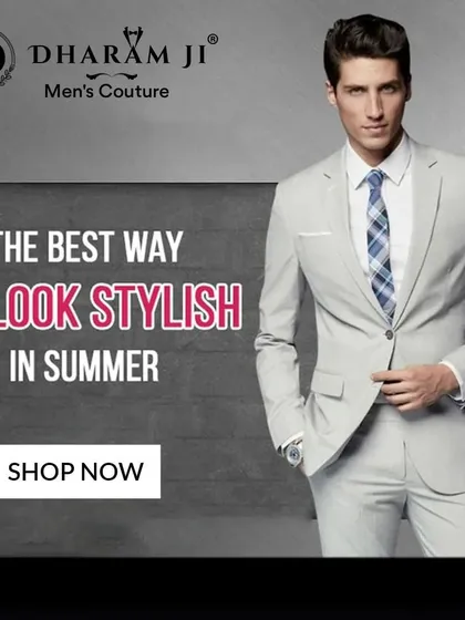 A graphic advertising a light grey summer suit. I use breathable, lightweight fabrics to ensure you look stylish even in warmer weather.
