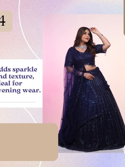 This graphic showcases a navy blue lehenga, highlighting how its sparkle and texture make it ideal for evening wear and cocktail events.