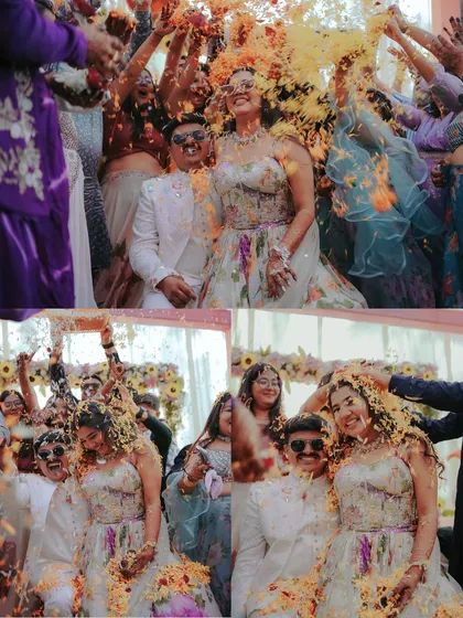 A Haldi celebration filled with love and flowers. This collage captures the couple being showered with petals by their loved ones, a moment of pure bliss.