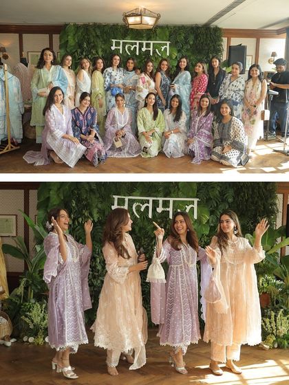 Guests and influencers posing for group photos in front of a green foliage wall with the 'Mul Mul' brand name, designed for their 'Malgaudi' collection launch.