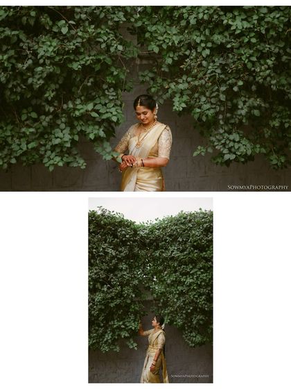 A collage of a bride in a beautiful golden saree. The wide shots and close-ups capture her grace against a backdrop of lush greenery.