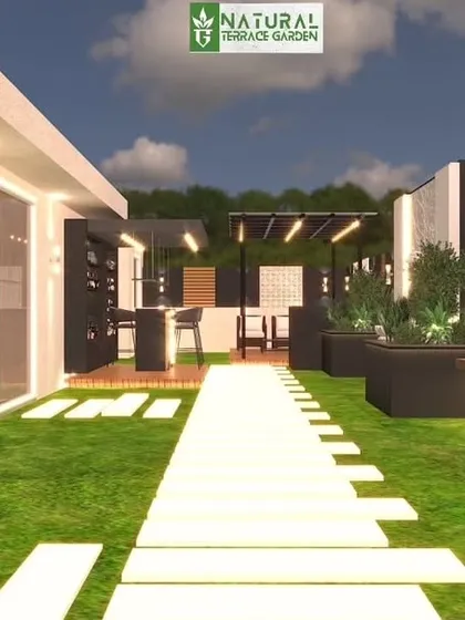 A 3D render showing a long terrace layout with a pathway connecting a bar area to a pergola lounge at the far end.
