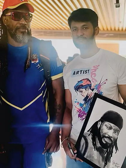 With the Universe Boss, Chris Gayle. It was an honor to meet him and present him with a sketch I had drawn.