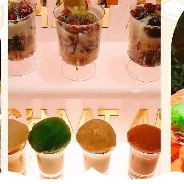 A collage showcasing our individual servings of Dahi Bhalla and shot-glass Gol Gappas. This modern presentation style is perfect for cocktail hours and intimate gatherings, making it easy for guests to enjoy.