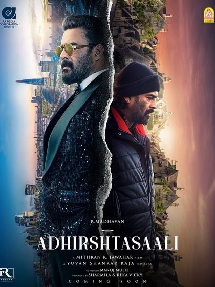 The official poster for my first Tamil film, 'Adhirshtasaali', starring the incredible R. Madhavan. The poster hints at a story of duality, a theme I explored through costume by creating two distinct looks for his character.