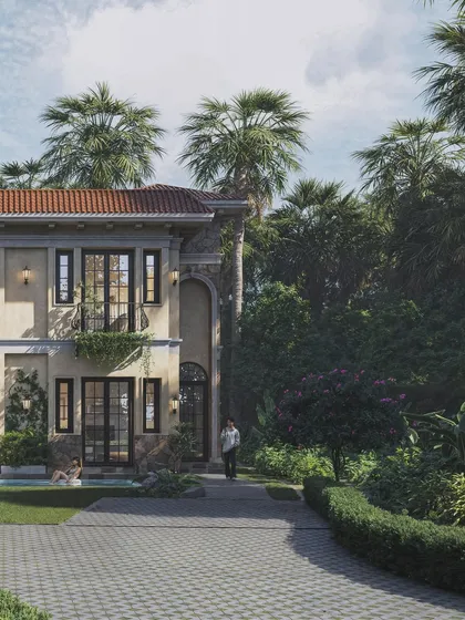 A wider perspective of the Mediterranean villa, showing its relationship with the garden and pool area. The visualization captures a moment of leisure, helping potential buyers envision life in the space.