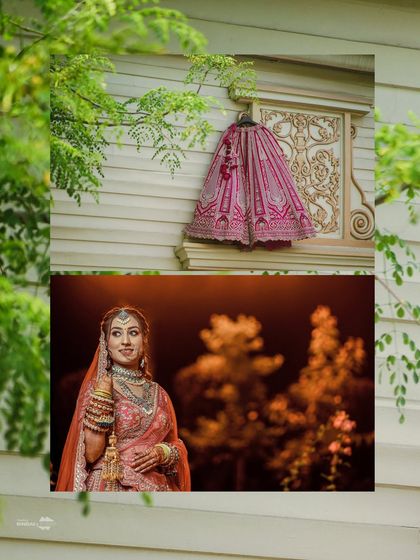 A creative collage showing the bride's portrait and a detail shot of her lehenga. This tells a story of the person and the beautiful details of her day.