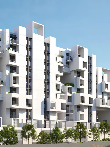 A rendering of Aurum Avenue, our vision for a modern housing community that prioritizes social interaction and green living. The design breaks down the mass of the building into a series of interlocking blocks, creating private balconies and shared terraces. This architectural approach ensures that every residence is filled with light and has a connection to the outdoors.