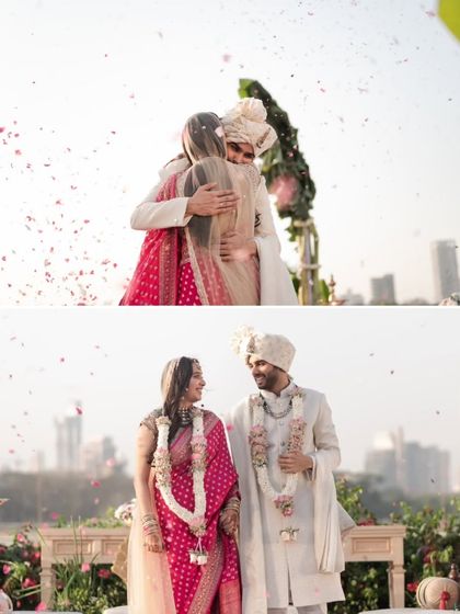 A collage capturing the emotional hug after the Varmala and a serene portrait of the newly married couple against the Mumbai skyline.