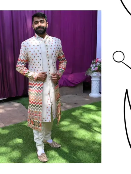 A full-length view of our client in the chevron-embroidered sherwani. It's a vibrant and stylish choice for a mehendi or sangeet ceremony.