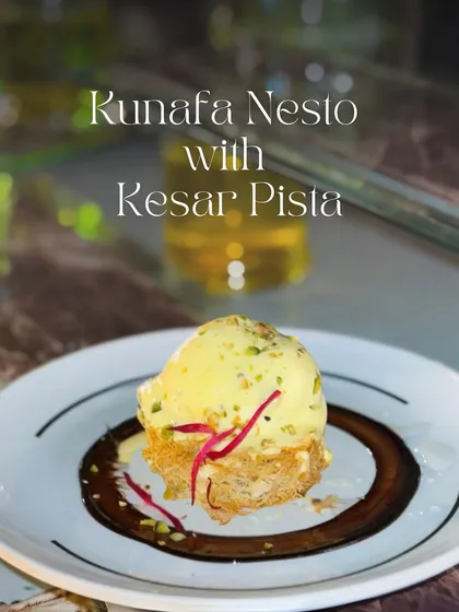 A fusion of Middle Eastern and Indian flavours, my Kunafa Nesto with Kesar Pista ice cream is a unique dessert. The crispy kunafa pastry provides a wonderful crunch against the creamy, saffron infused ice cream.