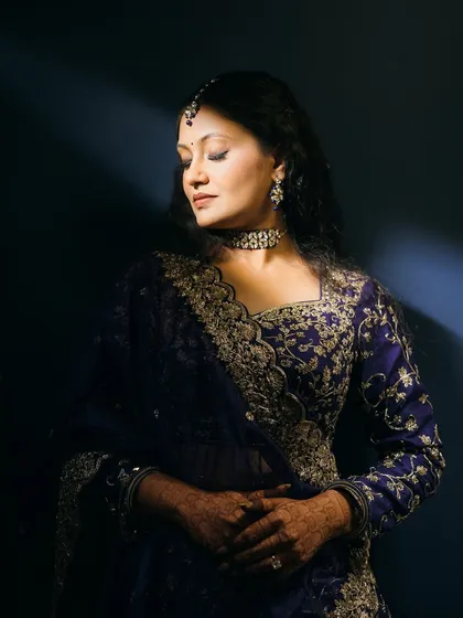 A close-up of the glam sangeet makeup, featuring soft smokey eyes and a flawless base.