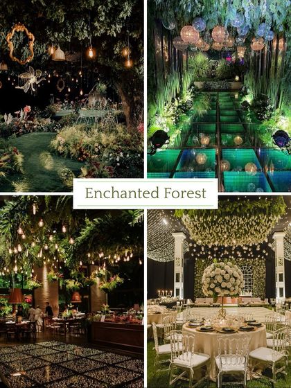 **Sangeet Theme: Enchanted Forest.** A magical theme that brings the outdoors in. Think lush greenery, twinkling fairy lights, and a canopy of trees to create a romantic, otherworldly Sangeet.