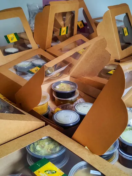 Meal boxes ready for delivery. Whether it's for a corporate event or a special celebration like Valentine's Day, I offer beautifully packaged meals that are perfect for any occasion.