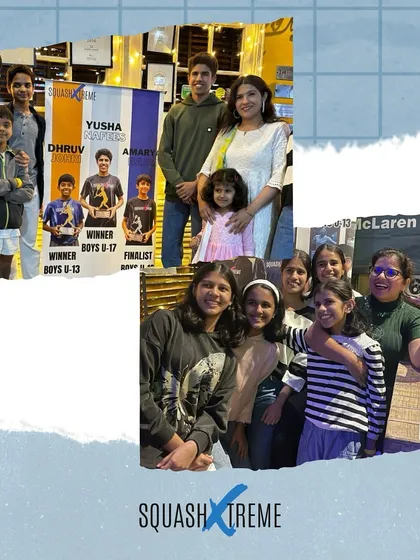 The Squash Xtreme family, including players of all ages and their parents, celebrating together.