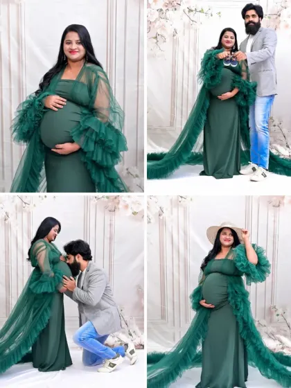A collage showing the many ways we can style a shoot with our green tulle gown. It includes solo portraits, couple's shots, and sweet moments with props like baby shoes.
