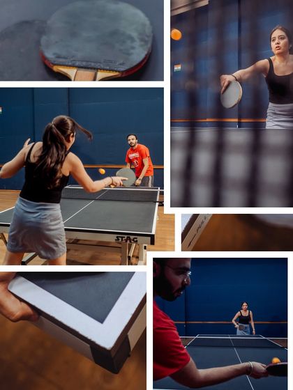 This collage focuses on the details of their table tennis game. From the paddles to the ball in motion, it tells the story of their shared passion.