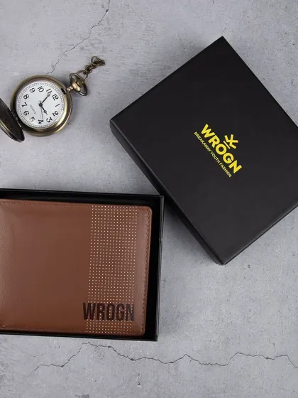 A brown 'WROGN' wallet with a dotted pattern, shown in its gift box.