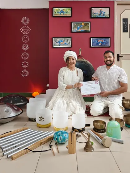 It is a blessing to witness the journey of my students. Here, I am with a graduate of my Level 1 and 2 Teacher Training Course, surrounded by the very instruments she has mastered, now ready to share the art of sound healing with her own community.