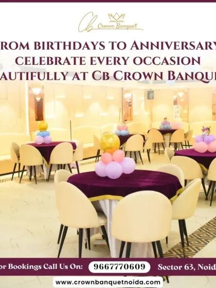 From birthdays to anniversaries, we help you celebrate every occasion beautifully. This photo shows our hall prepared for a party, with tables adorned with purple cloths and festive balloon centerpieces.