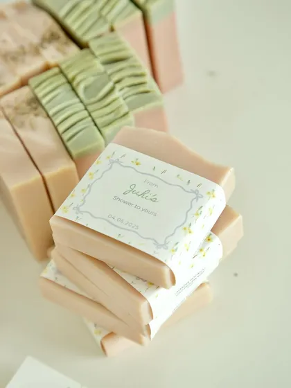 Another stack of the beautifully wrapped soaps, ready for their journey.