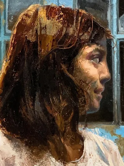 The full painting of "Liberation," showing the girl in front of a weathered blue door, a metaphor for barriers and the possibility of passage.