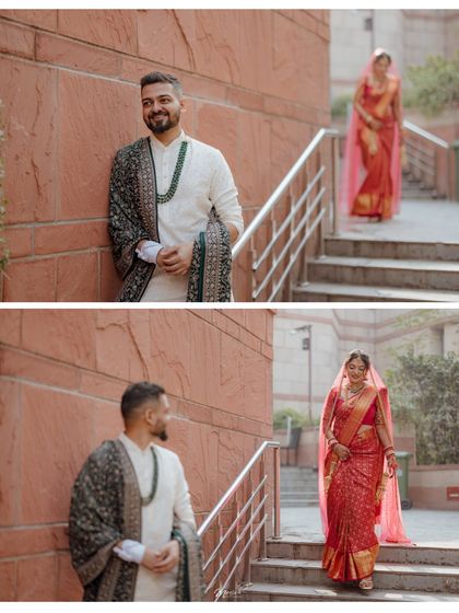 A collage capturing the first look, a sweet and anticipatory moment from their simple and beautiful court wedding day.