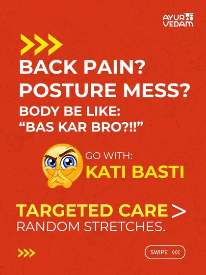 Is your back screaming "Bas kar bro?" from long hours of sitting? Random stretches won't fix it. Kati Basti is a targeted warm oil treatment that focuses directly on the lower back to relieve deep-seated pain and correct postural stress. It’s targeted care, not a temporary fix.