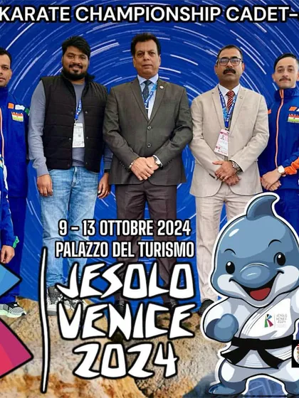 The official poster for the KIO Indian Karate team at the 13th WKF World Cadet-Junior-U21 Karate Championship in Venice, Italy.