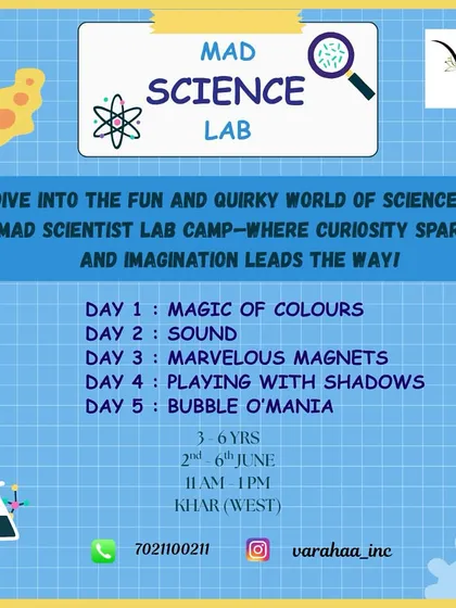 My Mad Science Lab camp is where curiosity leads the way. Over five days, we dive into the magic of colors, the science of sound, marvelous magnets, and the fun of bubble-ology with quirky, engaging experiments.