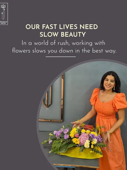 In a world of rush, working with flowers slows you down in the best way. This student is enjoying the slow beauty and therapeutic process of creating her arrangement.